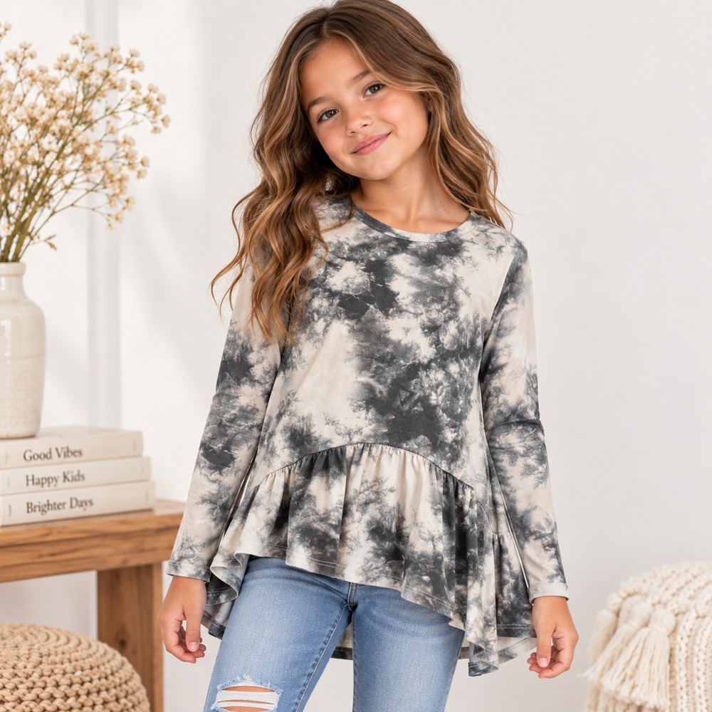 Good Luck Long Sleeve Nordstrom Girls Peplum Top Black Ivory Tie Dye Size M